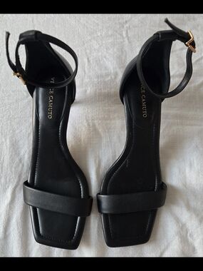 Vince Camuto Black Minimalist Kitten Heel Sandals Square Toe Ankle Strap- 7.5